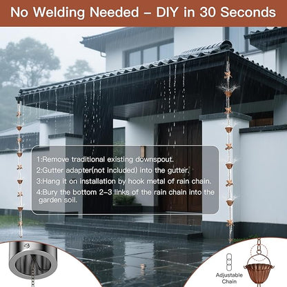 Solid Rain Chain for Gutters – 8.5ft Cast Iron Rain Catcher Chain, Decorative Rain Chimes Outside with 12 Cups & Hummingbird Decor
