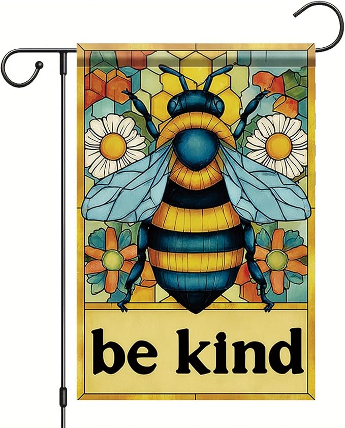 Spring Summer Garden Flag 12x18 Inch Be Kind Bee Stained Glass Floral Art Design Outdoor Yard Porch Lawn Garden for Seasonal Farmhouse Cottage Home Decor