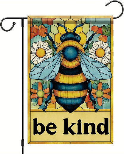 Spring Summer Garden Flag 12x18 Inch Be Kind Bee Stained Glass Floral Art Design Outdoor Yard Porch Lawn Garden for Seasonal Farmhouse Cottage Home Decor