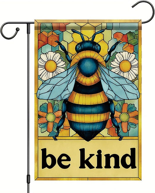 Spring Summer Garden Flag 12x18 Inch Be Kind Bee Stained Glass Floral Art Design Outdoor Yard Porch Lawn Garden for Seasonal Farmhouse Cottage Home Decor