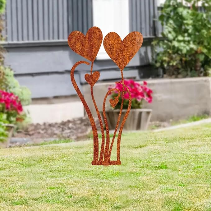 Decorative Garden Stakes, Welcome Yard Sign, Metal Arrangement Ornaments for Courtyard Lawn, Rusty Outdoor Decortions for Easter Housewarming (E)