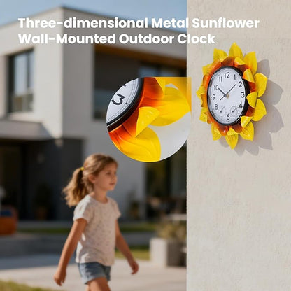 3D Metal Sunflower Wall-Mounted Outdoor Clock Thermometer and Hygrometer Combo，11 Inch Wall Clock Waterproof Quartz Clock Silent No-Ticking for Patio,Kitchen, Living Room,bedrooms,Garden