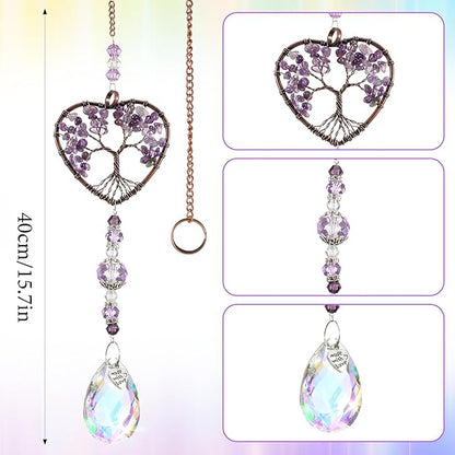 Molain Tree of Life Crystal Suncatcher, Hanging Purple Sun Catcher for Windows Elegant Purple Sun Catcher Crystals Ornament Heart Shaped Crystal Ball Prism Drop Pendant for Garden Decor Crystal Gifts