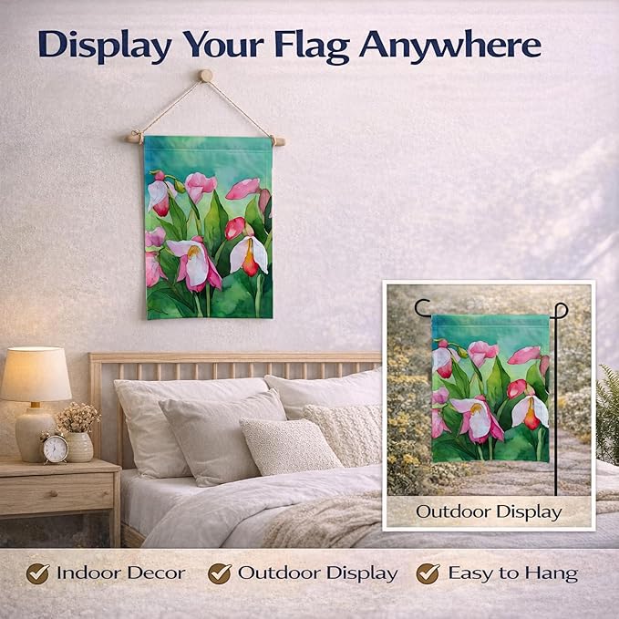 Caroline's Treasures Minnesota Pink and White Lady�s Slippers in Watercolor Garden Flag Mailbox Flag Decorative Yard Flag Banner Outside Patio Artwork Yard Flower Beds, Garden Size, Multicolor