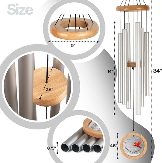 Wind Chimes for Outside, Wind Chimes Outdoor Clearance, Deep Tone Outdoors, Cardinal Wind Chime, Memorial, Sympathy Gift, Patio, Porch, Home Décor, Modern, Acrylic Art, Silver (34" Cardinal)