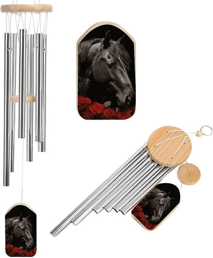 Wind Chimes for Outside,Red Rose and Black Horse Printed Cute Aluminium Windchimes Outdoors,Soothing Melodic Memorial Wind Chime for House Porch Patio Garden Balcony Decor