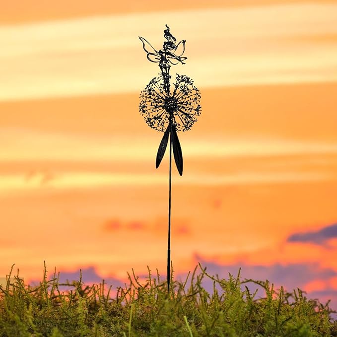 Flower Fairy Dancing with Dandelion Garden Sculpture,Angel Metal Ornaments Stainless Steel Statue Decorations,Wonderland Outdoor Yard Lawn Patio Stakes Sculptures Decor (B)