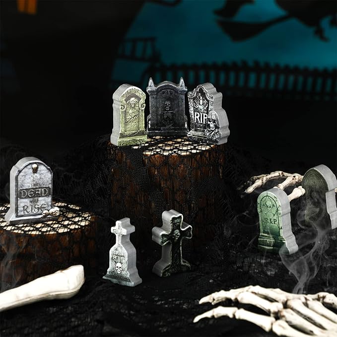 Kathfly 9 Pieces Miniature Tombstones Mini Village Tombstones Figurines Miniature Spooky Town for DIY Crafts Outdoor Home Garden Halloween Decor
