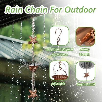 8.8ft Copper Rain Chains for Gutters Outside - Adjustable Steel Hanging Rain Hutter Decorative Rain Catcher with 6 Metal Cups,8 Hummingbird Ornaments for Garden Eaves Drainage