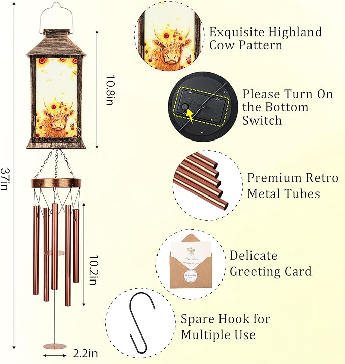 YHmall Highland Cow Wind Chimes for Outside, 37" Windchimes Outdoor Memorial Gifts for Women Mom Grandma, Hanging Solar Lantern Wind Chimes for Patio Garden Outdoor Decor