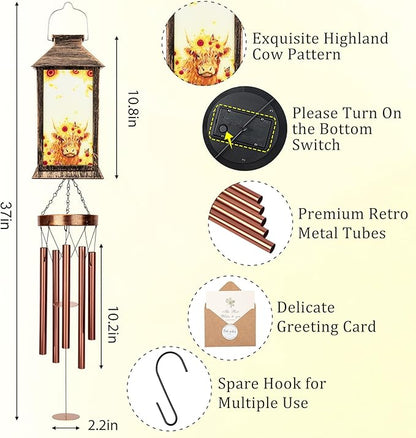 YHmall Highland Cow Wind Chimes for Outside, 37" Windchimes Outdoor Memorial Gifts for Women Mom Grandma, Hanging Solar Lantern Wind Chimes for Patio Garden Outdoor Decor