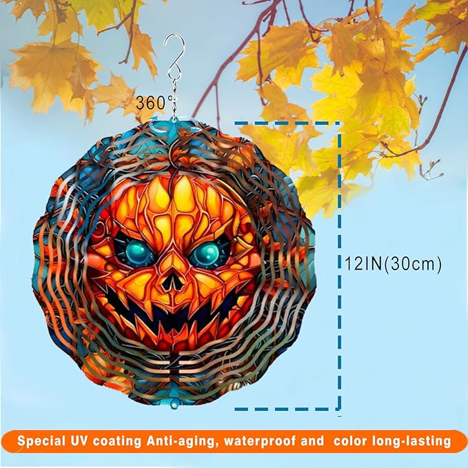 Halloween Scary Pumpkin Wind Spinner,12in Stainless Steel Hanging Wind Spinners Outdoor Yard Patio Garden Decorations