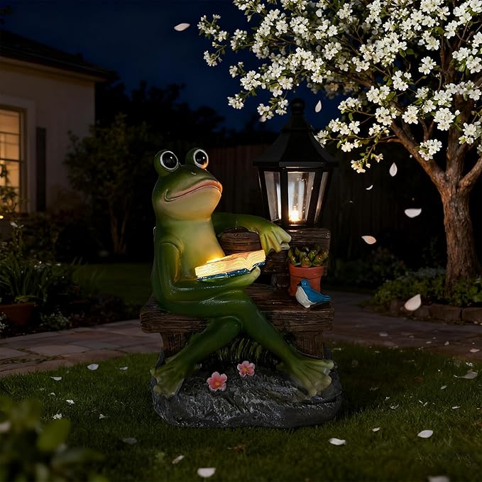 Reading Frog Solar Garden Statue with Lantern Light - Outdoor Decorative Resin Sculpture, Weather-Resistant LED Solar Figurine, for Yard, Patio, Garden Path, Porch Ambience Lighting Decor