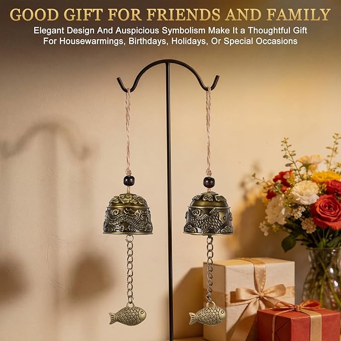 Chuangdi 2 Pcs Fengshui Bell Vintage Dragon Bell Fengshui Wind Chimes Good Luck Hanging Supplies for Home Garden Good Luck Blessing Patio Yard Indoor Outdoor Front Door Decorations (Dragon and Carp)