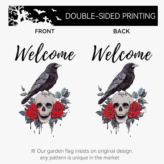 Halloween Welcome Garden Flag Skull Floral Rose Crow Double Sided Vertical Yard Flag Day Of The Dead Bird Rest Bird Floral House Flags 12 x 18 Inches Holiday Villa Outdoor Decorative