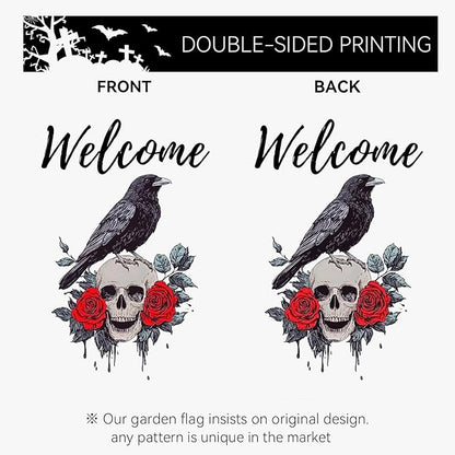 Halloween Welcome Garden Flag Skull Floral Rose Crow Double Sided Vertical Yard Flag Day Of The Dead Bird Rest Bird Floral House Flags 12 x 18 Inches Holiday Villa Outdoor Decorative