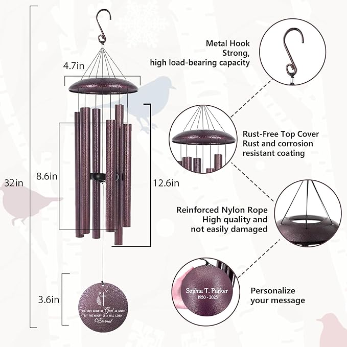 Memorial Engraved Wind Chimes Personalized, Tree of Life Wind Chimes for Loss Loved One Mother Father, Memorial Gifts for Sympathy Remembrance Bereavement, Produced in USA
