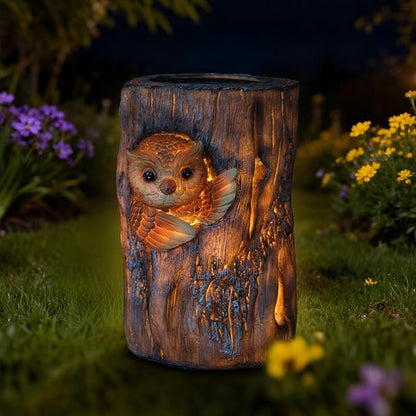 Landoraloria Solar Powered Tree Stump Owl Garden Statue with Light, Brown Resin, Waterproof Outdoor Decorative Lamp (Owl)