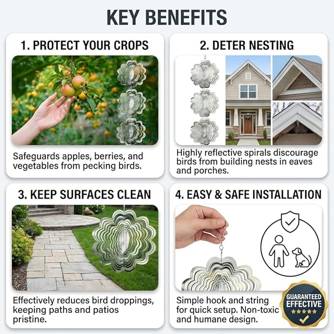 12PCS Stainless Steel Bird Deterrent Wind Spinners for Outside – Reflective Outdoor Bird Repellent Hanging Ornaments, Humane Pigeon Scarer for Yard Garden, Balcony, Patio, Roof & Window (12, Flower)