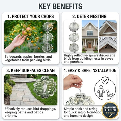 12PCS Stainless Steel Bird Deterrent Wind Spinners for Outside – Reflective Outdoor Bird Repellent Hanging Ornaments, Humane Pigeon Scarer for Yard Garden, Balcony, Patio, Roof & Window (12, Flower)