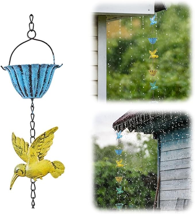 Rain Chains for Gutters, 7.87Ft Hummingbird and Cup Rain Chains for Gutters, Adjustable Rain Chimes for Outside Replacement Downspout for Gutters Eaves Drainage, Green