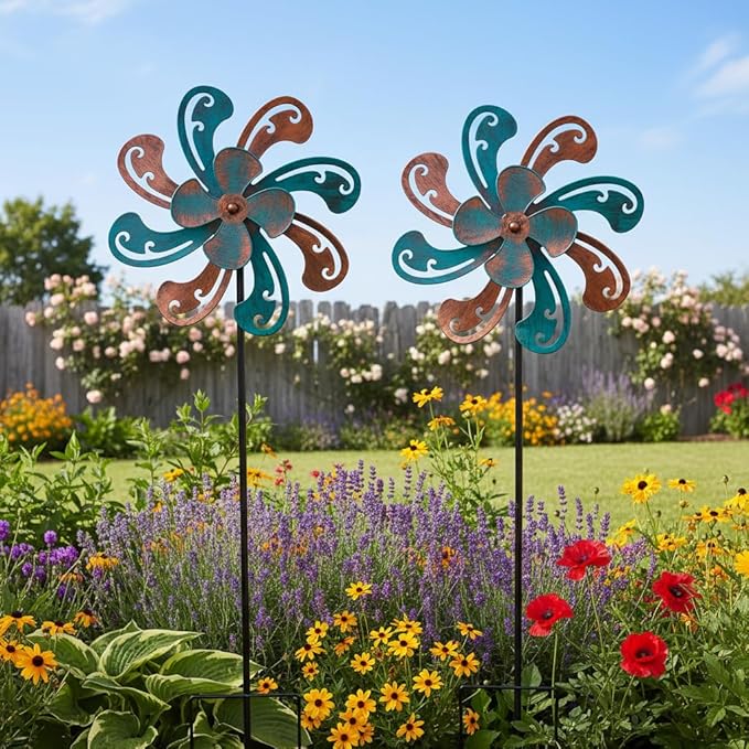 2 Packs Outdoor Metal Wind Spinner, Brown Wind Sculptures Windmill with Stake,Kinetic Yard Art Decor Pinwheels for Garden Outside Patio Lawn