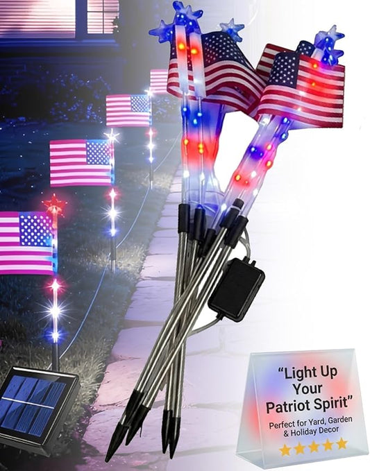 8 Solar American Flag Pathway Lights - Red, White & Blue Yard Glow for 250th Independence Celebration Us, Outdoor Garden Patriotic Decorations Set with Stake for 4th of July Party(8-Pieces)