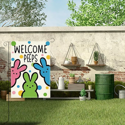 Welcome Peeps Easter Garden Flag Cute Bunny Easter Dot Garden Flag Decor Spring Double Sided House Flag for Outside Yard Decorations 12×18 Inch