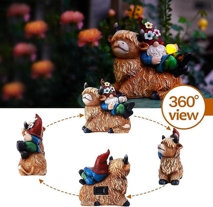 Pohabery Garden Gnomes Decor Outdoor Statues Gnome on Highland Cow Hold Solar Cup Light Outdoor Decorations for Patio,Yard and Gift for Mom