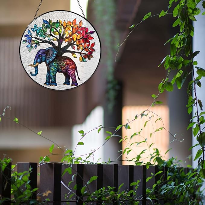 Elephant Tree Stained Glass Window Hanging Boho Animal Sun Catcher Decor Birthday Gifts for Women Christmas Elephant Suncatchers for Home Windows Hanging Decoration, 7.87inch