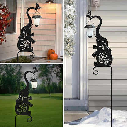 Metal Elephant with Solar Lantern Garden Stake,Garden Lights Solar Powered, Outdoor Decorations for Yard (Black Elephant)