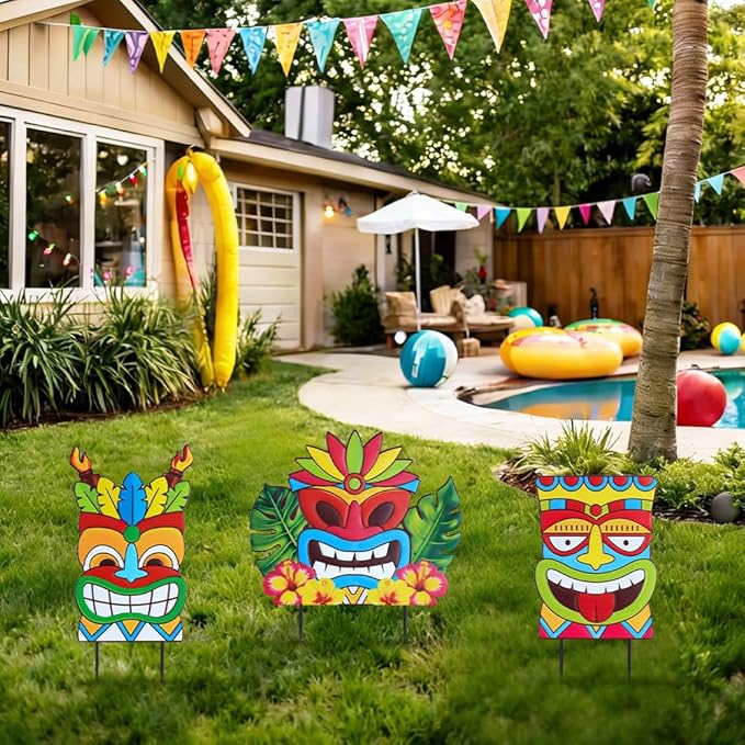 hogardeck Luau Party Decorations, Metal 3 Stacked Tiki Decorative Garden Stakes for Luau Outdoor, Hawaiian Party Decorations Tiki Yard Signs for Tropical Outdoor Garden Lawn