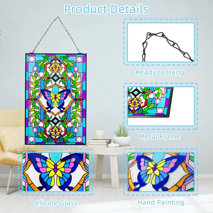 Viveta Butterfly Stained Glass Window Hangings, 10" W x 15" H Suncatcher Panel Windows Wall Decor with Metal Frame & Chain