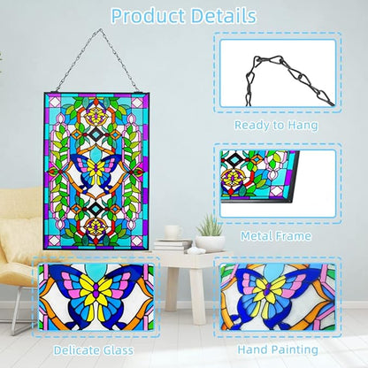 Viveta Butterfly Stained Glass Window Hangings, 10" W x 15" H Suncatcher Panel Windows Wall Decor with Metal Frame & Chain
