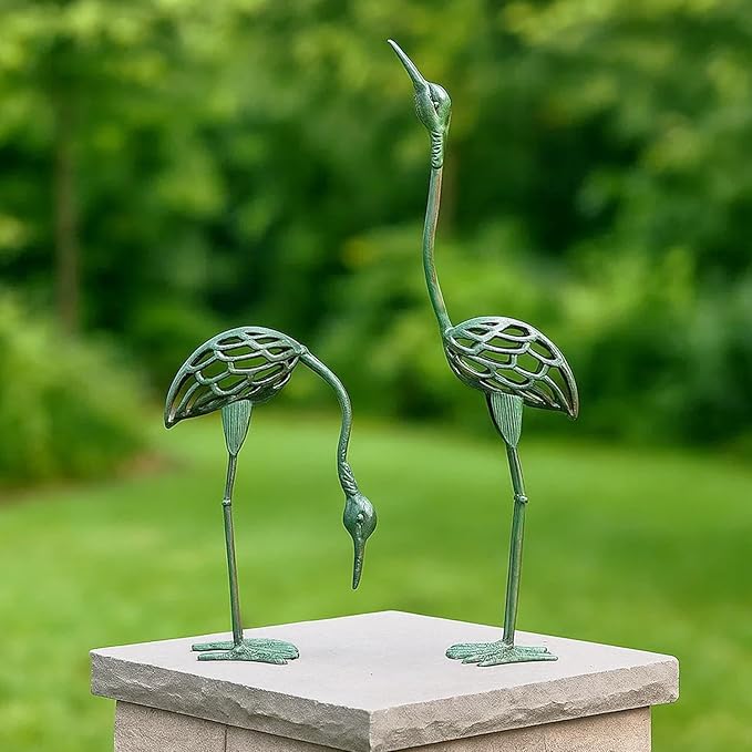 Seraphic Cast Iron Metal Crane/Heron Bird Garden Art Sculptures Statues for Indoor or Outdoor Lawn Decor, Antique Green, Set of 2