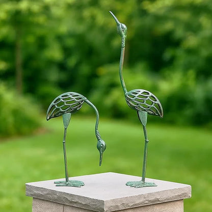 Seraphic Cast Iron Metal Crane/Heron Bird Garden Art Sculptures Statues for Indoor or Outdoor Lawn Decor, Antique Green, Set of 2