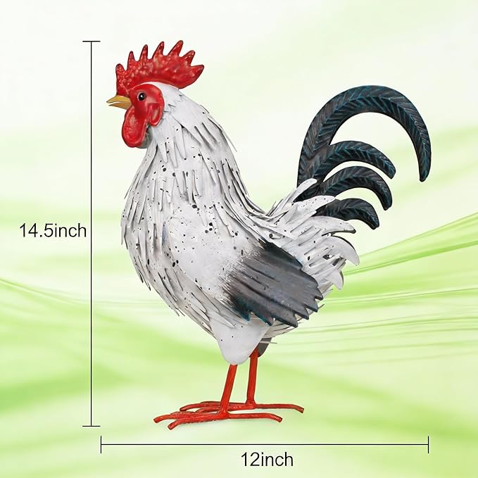 Ratuor Rooster Garden Statue Sculpture Metal Chicken Yard Decor Outdoor Figurines Patio Backyard Decoration (White)