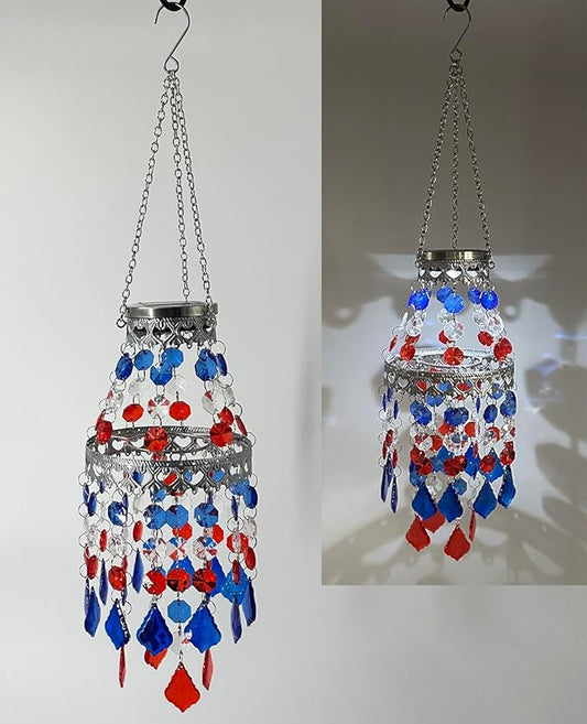 4th of July Decorations Outdoor,Patriotic Hanging Solar Lanterns Outdoor Chandelier,2 Tier Acrylic Crystal Wind Chimes for Outside,Paito,Porch,Yard
