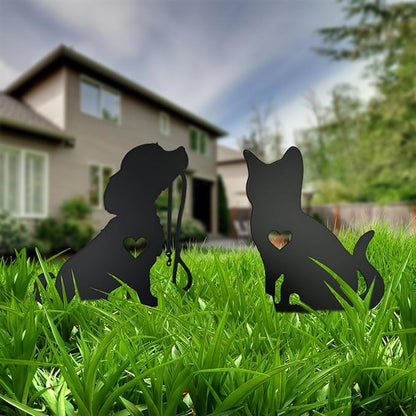Metal Garden Decor for Outside, Black Silhouette Statues Gifts for Yard Ornaments,Lawn, Patio, Pathway,Outdoor Garden Decor, Lawn Ornaments (Cat+Dog)