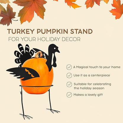 Ornativity Turkey Design Pumpkin Holder Stand - Metal Outdoor Yard Ornament Thanksgiving Garden Decorative Fall Autumn Porch Prop - 1 Set