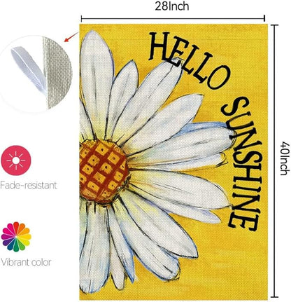 CROWNED BEAUTY Summer House Flag Daisy Double Sided 28x40 Inches Large Burlap Seasonal Welcome Yard Porch Decoration for Outside (Yellow)