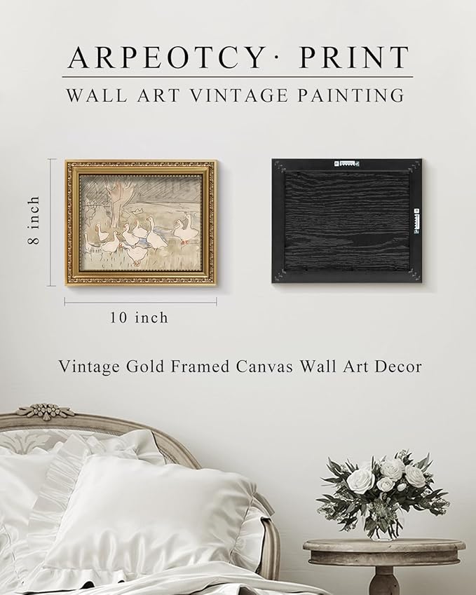 ARPEOTCY Vintage Gold Framed Wall Art, Nursery Duck Paintings, 8x10 inch Small Aesthetic Canvas Picture Prints Artwork with Frame, Victorian Wall Decor for Living Room Bathroom Bedroom Shelf