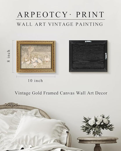 ARPEOTCY Vintage Gold Framed Wall Art, Nursery Duck Paintings, 8x10 inch Small Aesthetic Canvas Picture Prints Artwork with Frame, Victorian Wall Decor for Living Room Bathroom Bedroom Shelf
