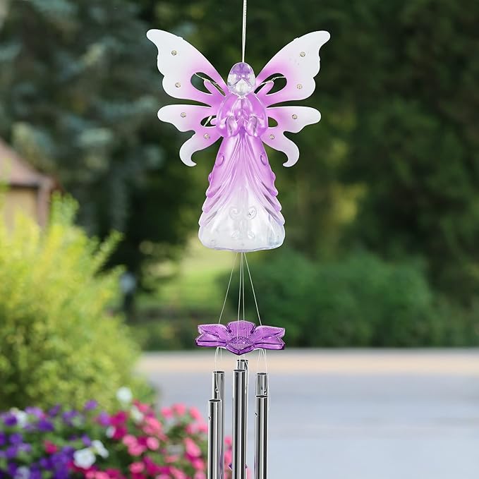 Exhart Wind Chimes, Solar Angel Wind Chime with Metal Wings, 13 LED Firefly Lights, Purple Acrylic Large Lawn and Yard Decoration, 6.5 x 4 x 42 Inch