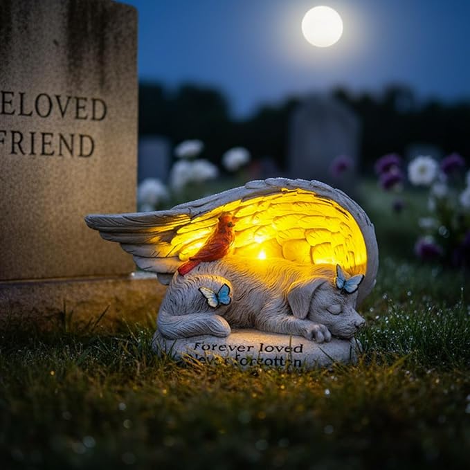 Dog Memorial Stone with Solar Lights Angel Wings Cardinal Butterfly 8 Inch, Pet Grave Markers Sleeping Statue Pet Loss Sympathy Gift Waterproof Resin for Outdoor Cemetery Garden Decor