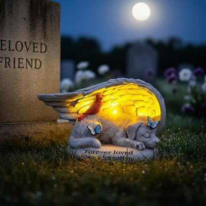 Dog Memorial Stone with Solar Lights Angel Wings Cardinal Butterfly 8 Inch, Pet Grave Markers Sleeping Statue Pet Loss Sympathy Gift Waterproof Resin for Outdoor Cemetery Garden Decor