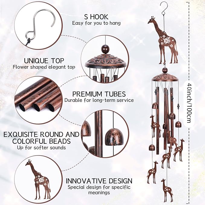 Giraffe Gift Wind Chimes for Outside, Outdoors Metal Giraffes Windchimes with S Hook for Birthday Home Patio Porch Backyard Yard Garden Decoration, Memorial Giraffes Gifts for Women Men Mom Grandma
