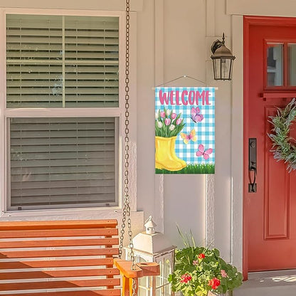 Spring Garden Flag 12"x18" Welcome Yellow Rain Boots with Pink Tulips Butterflies Blue Gingham Background Double Sided Outdoor Yard Porch Decor