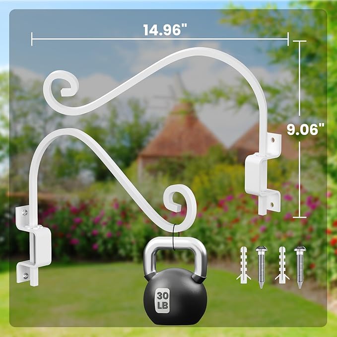2 Pack 15" Swivel Plant Hangers Outdoor Wall Mount – Heavy Duty Metal Hanging Plant Bracket with 180° Rotation for Bird Feeder, Flower Basket, Lantern, Wind Chimes, Patio Garden Porch Decor (White)