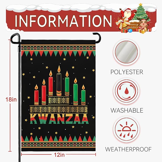 Kwanzaa Garden Flag Double Sided Polyester Yard Banner with Kinara and Red Black Green Candles Holiday Outdoor Flags for African American Heritage Celebration Décor 12x18 Inch